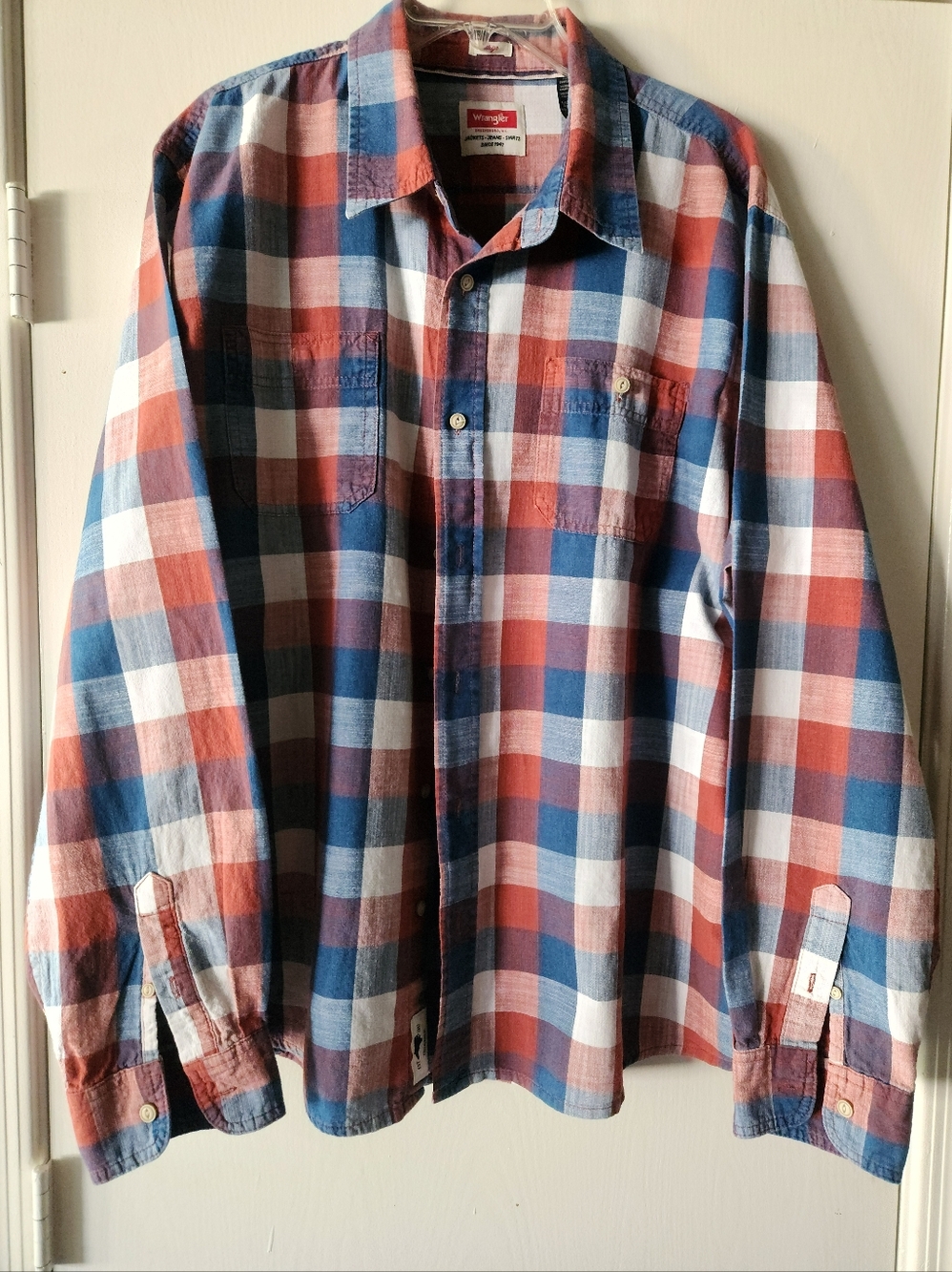 Wrangler Indigo Blue White Rust Plaid Long Sleeve Men Size 2XL EUC $32